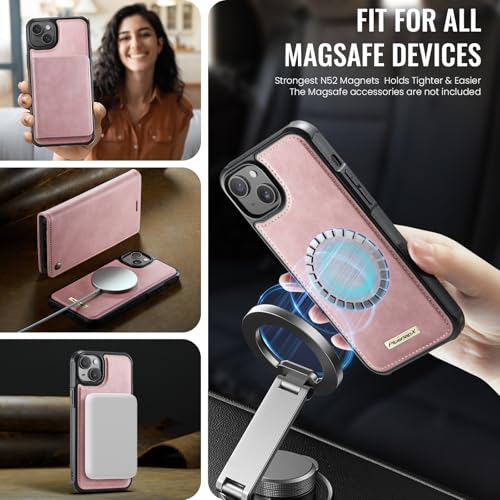 Image of Wallet Case for iPhone 13 Compatible with Magsafe, 2-in-1 PU Leather Flip RFID Blocking Card Holder Stand Shockproof Magnetic Detachable Cover for iPhone 13 Case 6.1 inch, Pink