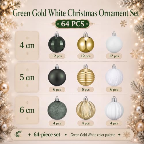 Image of Lunmon 64 Pcs Christmas Ball Ornaments Emerald Green Champagne Gold White