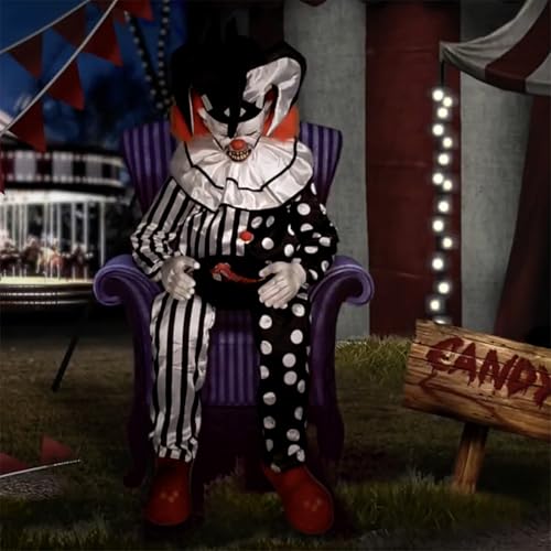 Haunted Hill Farm Hartley The Sitting Scare Clown by Tekky, Motion-Activated Talking Jump-Scare Halloween Animatronic for Halloween Party Prank Decoration, Plug-in or Battery Operated Halloween Props