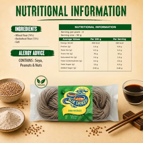 Image of Blue Dragon Soba Noodles 200g | 4 Noodle Nests | Authentic Japanese Style Buckwheat Noodles | Perfect for Stir Fries, Soups & Salads | Vegan | Imported from Thailand