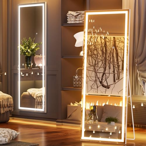 Image of Pertetey 79x36 Inch LED Full Length Mirror with Lights, White Frame Dimmable & 3 Color Modes Floor & Wall Mounted Long Mirror