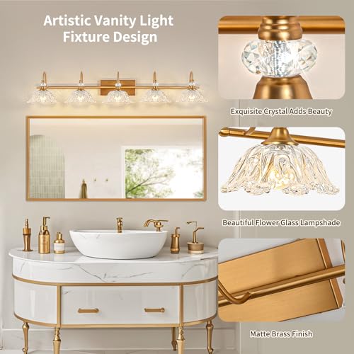 Image of Vintage Bathroom Vanity Light, 5-Light Matte Brass Finish Vanity Light with Floral Clear Glass Shades, Retro Wall Mount Lighting for Bathroom, Dressing Table