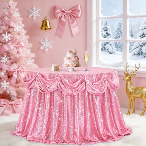 Image of B-COOL Sequin Tablecloth Round Party Decorations: 132 Inch Tablecloths Sequin Overlay Glitter Fabric for Indoor and Outdoor Gathering Parties Fuchsia Pink