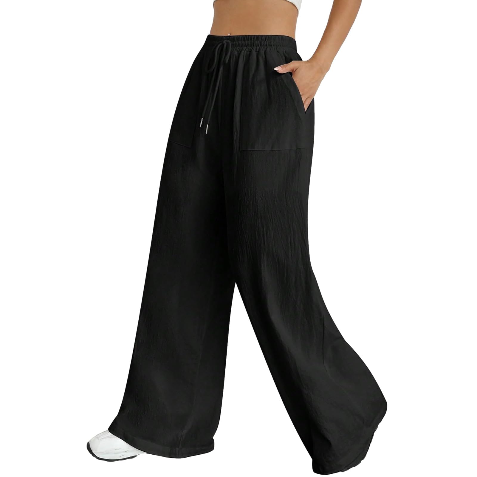 Nuofengkudu Verano Pantalones Mujer Anchos Bolsillos Cordón Ajustable Cintura Alta Ligeros Transpirables Largo Pantalon Pijama Yoga Pants