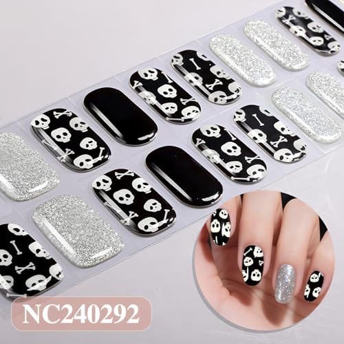 Tyuimhx Semi Cured Gel Nail Strips, 20 Pcs Halloween Luminous Gel Nail Stickers Skull Designs Wraps for UV/Led Manicure Lamp Nails Art Decorations