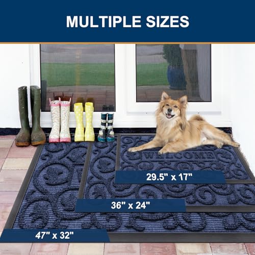 Image of Smiry Welcome Door Mat Outside Entrance, Heavy Duty Trap Dirt and Moisture Easy Clean Low Profile Patio Porch Indoor Outdoor Front Doormat for Entry, 47x32 Inch, Navy Blue
