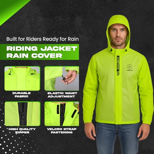 Image of Allextreme Waterproof Riding Jacket Rain Cover with Hood | Lightweight & Adjustable Raincoat Top for Bike Riders, Men & Women | Durable Windproof Motorcycle Rainwear for Riders (XXL, Neon Green)