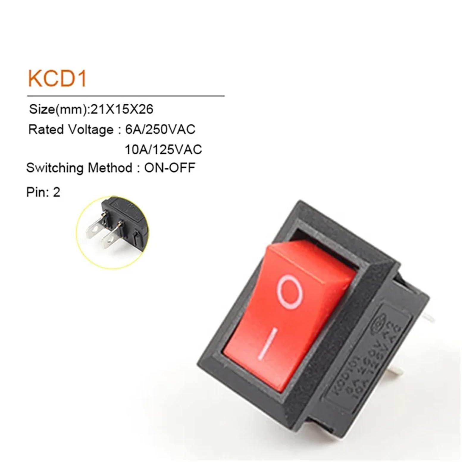5 Piezas Interruptor Basculante De 2 Pines 21X15mm Alimentación Posiciones 6A/250VAC(Red Black)