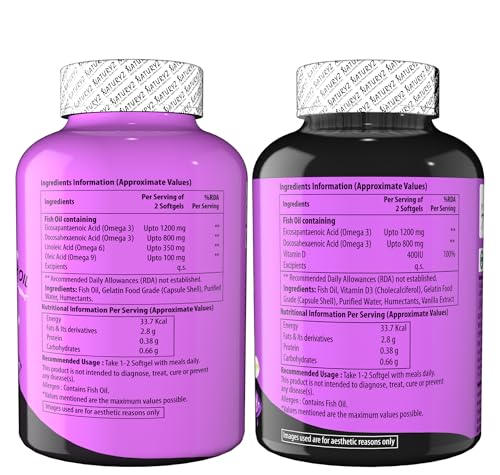 Naturyz Triple Strength Omega 3 Fish Oil & Vanilla Flavoured Triple Strength 2500 Mg Fish Oil With Vitamin D3 2500 Mg With Highest Omega 3-6-9 Per Serving (Epa 1200 Mg Dha 800 Mg,2 Count,60 Capsules)