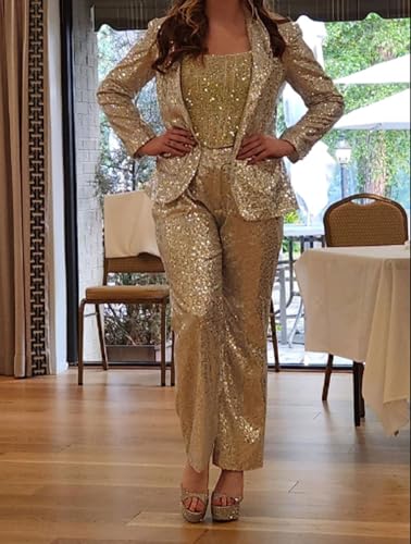 Women's Sequined Fashion Suit Set One Button 2 Piece Wedding Tuxedos Blazer Pants Prom Party Outfit2