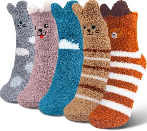 Fuzzy Socks for Women Cute Cat Paw 5 Pairs Winter Fluffy Cozy Plush Slipper Socks With Gift Box for Women Girls Gifts