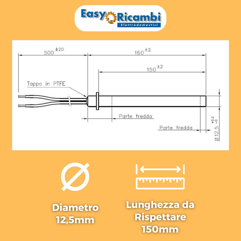 Easyricambi - Candeletta Accensione Stufa Pellet 350W Modello con Flangia, Diametro 12,5mm Lunghezza 150mm (160mm Totali), Resistenza per Riscaldamento Rapido, Ricambio per Modelli Palazzetti e Altri