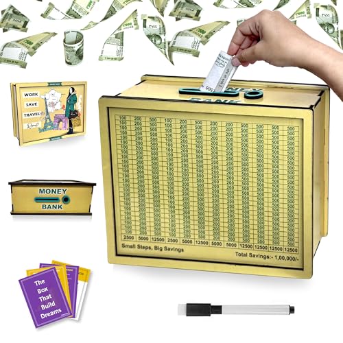 Image of Sketchfab Money Saving Box for Adult 100000, Modern Wooden with Savings Tracker Bank Kids, Smart Piggy Bank, Box, Coin Box,Gullak Saver,Piggy Rs100000 Home Deal Gift Man, Women (Travel)