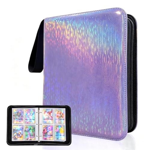 Trading Card Binder 4-Pocket Zippered with 50 Removable Pages Holds 400 Card TCG/MTG/Pokmon Cards Album PU Waterproof Card Book | Perfect Organizer Gift for Collectors (4 pockets Sparkly Purple)