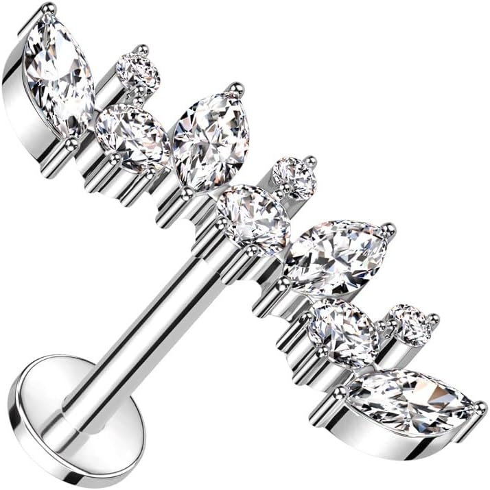 Pierced Owl 16GA ASTM F-136 Implant Grade Titanium Internally Threaded Multi Marquise CZ Crystal Curved Flat Back Stud