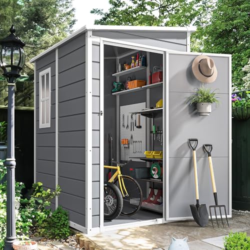 Image of DWVO 5x4 FT Outdoor Storage Shed with Reinforced Floor, All-Weather Resin Storage Shed with Lockable Door & Window, Waterproof Plastic Tool Storage for Garden, Backyard, Patio, Lawn
