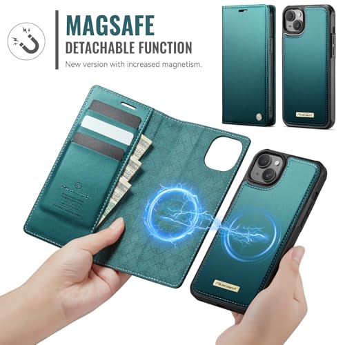 Image of Wallet Case for iPhone 13 Compatible with Magsafe, 2-in-1 PU Leather Flip RFID Blocking Card Holder Stand Shockproof Magnetic Detachable Cover for iPhone 13 Case 6.1 inch, Bluegreen