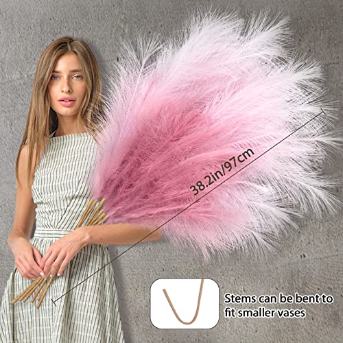 8 Pcs Faux Pampas Grass Decor 38"/97Cm Tall Artificial Large Pompas Grass Fluffy Bulrush Floral Fake Plants Floor Vase Filler For Home Wedding Party Boho Decorations, Pink Mixed #TOP1