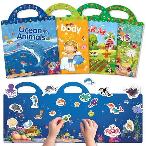 GUYUCOM 4 Pezzi Stickers Book: Libro Adesivi Attacca e Stacca Bambini 2 3 4 5 6 Anni Animali Marini, Parte del Corpo, Insetto, Giocattolo per Bambini, Regalo Educativo Compleanno Riutilizzabile