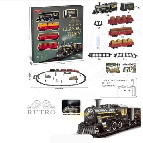 Image of Classic Retro Steam Train Set for Kids with Real Smoke, Lights & Sound | Rechargeable Electric Railway Toy with 155cm DIY Track & Cargo Coaches | Gift for Boys & Girls 3-8 Years