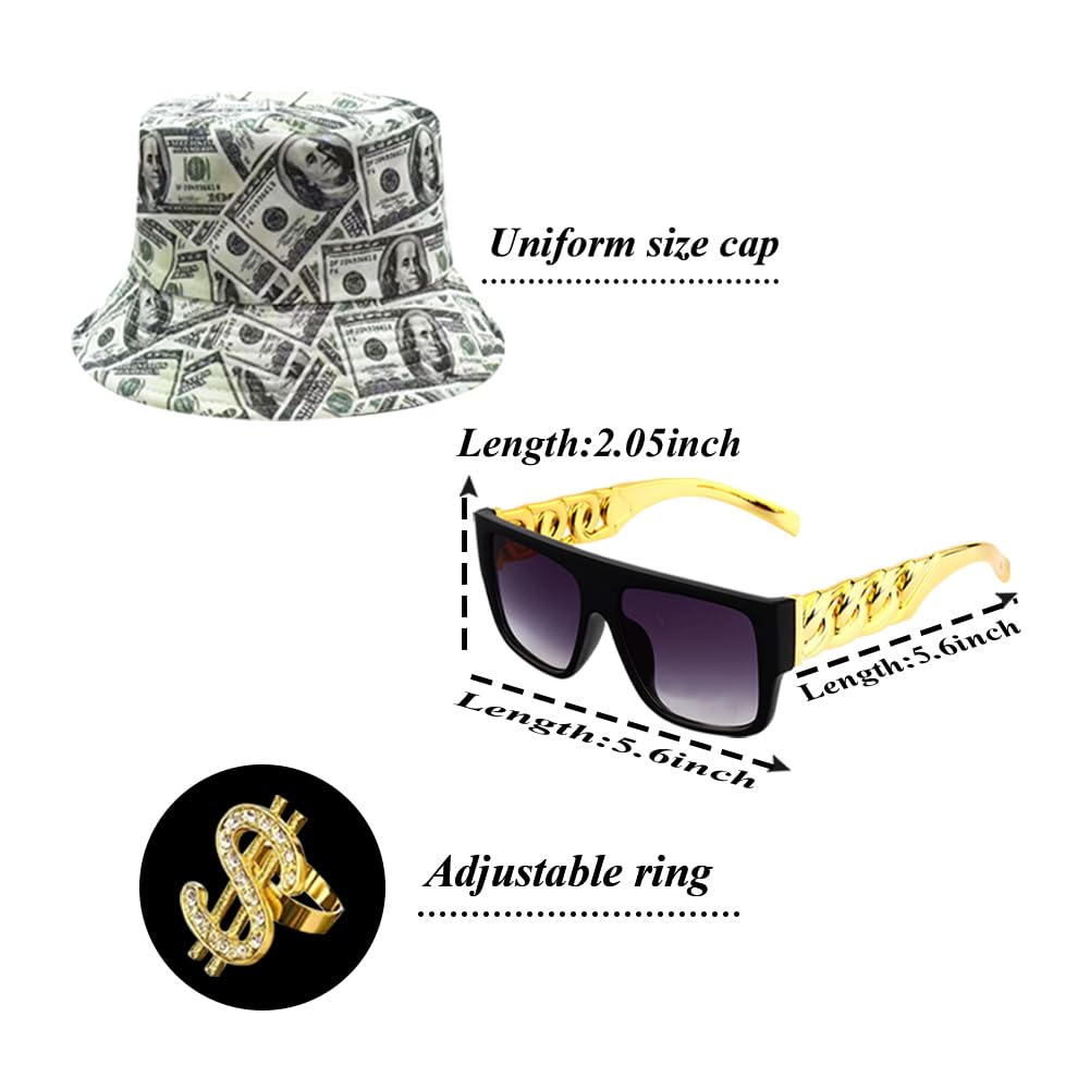 80s 90s Hip Hop Costume Kit Cool Rapper Bucket Hat Accessories Outfit Sunglasses Dollar Sign Gold Chain Unisex