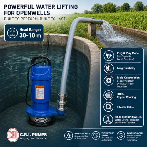 Image of CRI 1HP Vertical Openwell Submersible Pump I Copper Winding Motor I Open Well Water Pump I Irrigation Pump I Farm Water Supply I Tank Filling I 15 months warranty