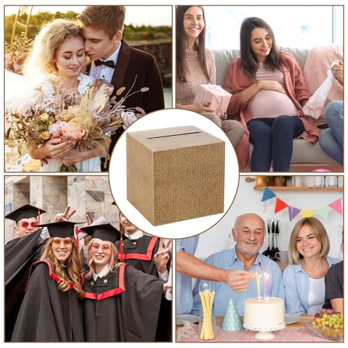 Image of Hooqict Burlap Plain Card Box with Slot 9.1 inch Wedding Favor Gift Card Box for Reception, Graduation, Parties, Birthday, Wedding Decorations, Retirement, Diaper Raffle Box Envelope Ticket Holder