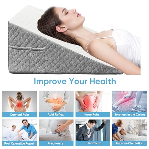 Wedge Pillow, 12 Inch Bed Wedge Pillow for Headboard, Pillow Wedge for Acid Reflux Relief, After Surgery, Sleeping,Back Pain Relief, Memory Foam Top, LightGrey