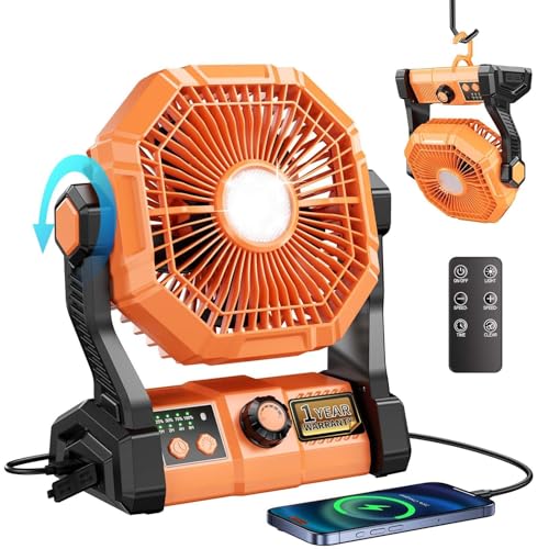 Image of coldSky Rechargeable Portable Fan for Home with LED Light & Remote Control, Battery Table Fan Big Size with 8 High Speeds Wind, Kitchen Fans for Cooking