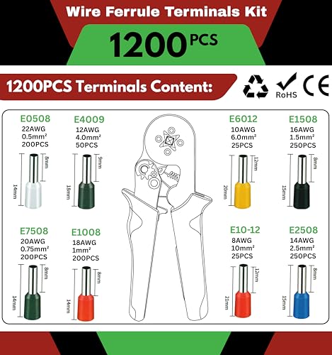 Image of G-ENERGY 1200PCS Wire Ferrule Crimping Tool Kit with HSC8 6-4A Self-Adjusting Ratchet Crimper | AWG 23-7 (0.25-10mm) Insulated Copper Bootlace Ferrule Connectors for Electrical Wiring & Control Panel