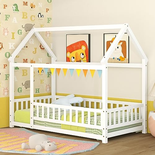 Image of Bellemave Twin Size House Floor Bed,Wooden Montessori Bed with Fence and Roof for Kids,Playhouse Twin Bed Frame for Girls,Boys(Twin,White)