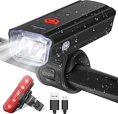 Bike Light, USB Rechargeable Bike Light Set High Lumen Front and Rear Bicycle Safety Lights 5 Modes LED Headlight and Tail Light IPX-6 Waterproof Flashlight with 2 Brackets