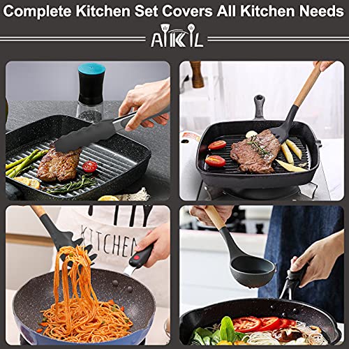 39pcs Silicone Cooking Utensils Kitchen Utensil, AIKKIL Non-stick Kitchen Cooking Utensil Spatula Set with Holder, Heat Resistant Wooden Handle Kitchen Gadgets Tool Set for Nonstick Cookware(Grey)