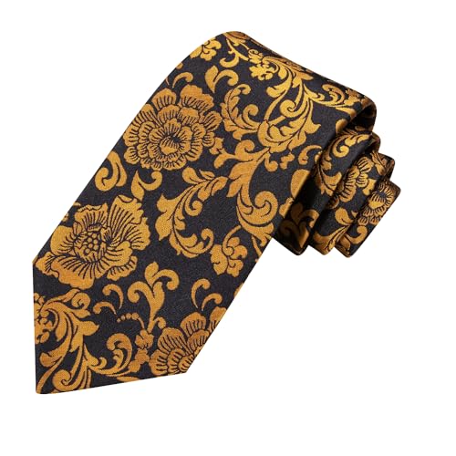 Image of Hi-Tie Black Gold Silk Ties for Men Floral Jacquard Necktie Lapel Pin Pocket Square Cufflinks Sets Formal Business Wedding