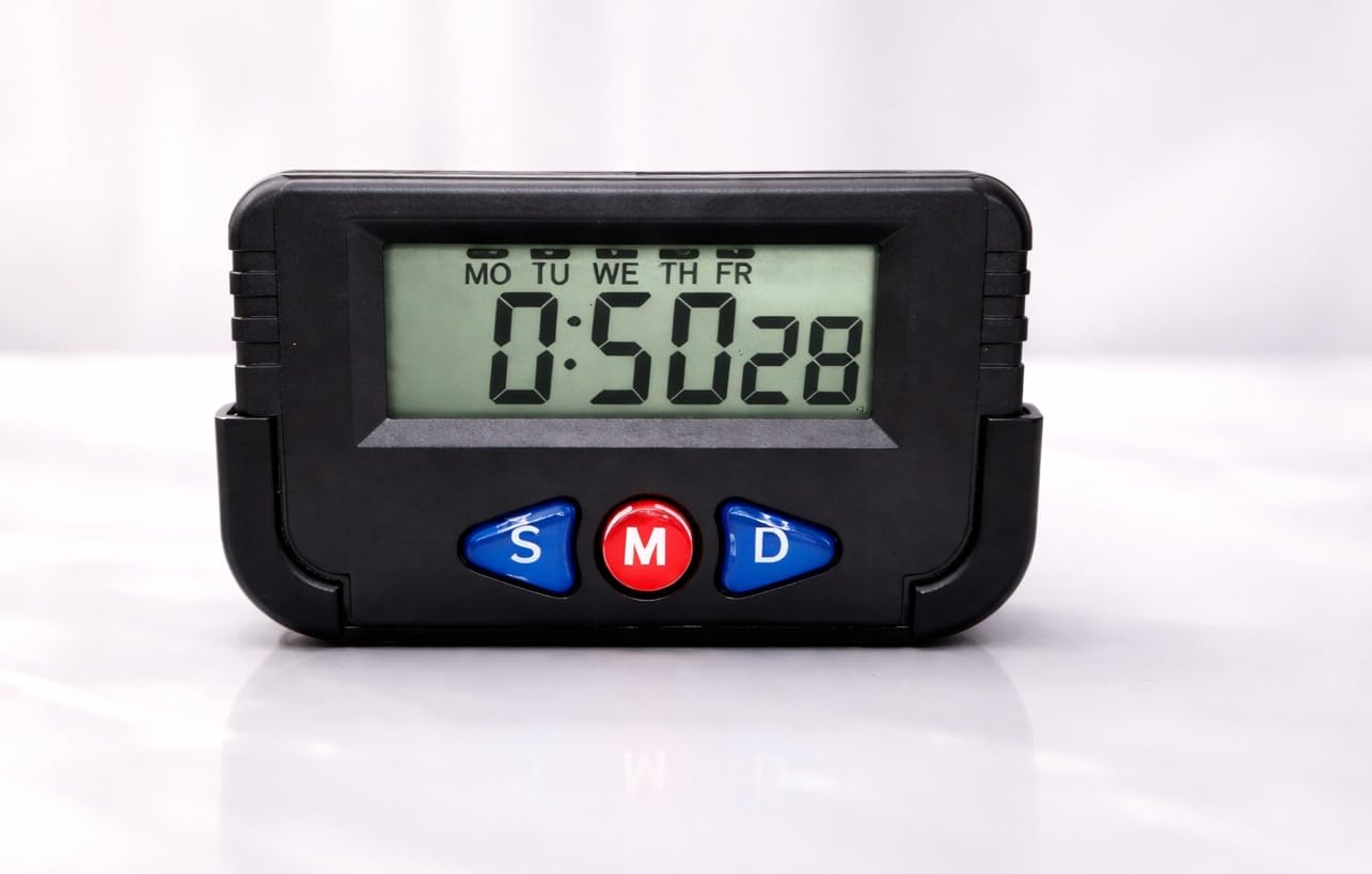 PulGos Digital LCD Calendar and Time Car Dashboard & Desk Clock - 6.4x4 cm Black Portable Timer with Alarm & Stopwatch - Versatile Multifunction Clock for Office, Vehicle & Travel