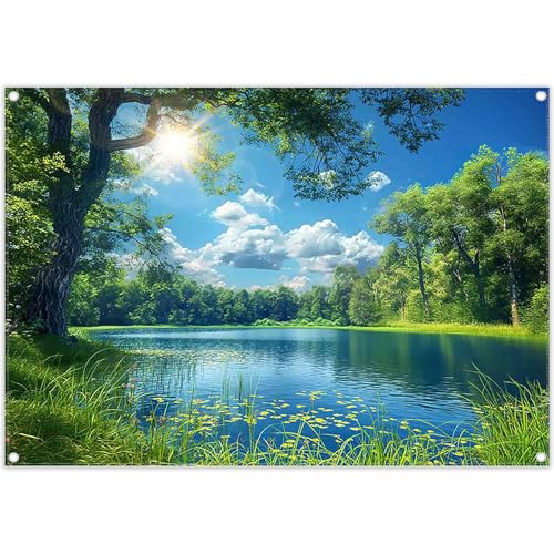 Luminora 2,1 x 1,5 m Toile de Fond en Tissu Paysage Naturel, forêt, lac, Soleil, Ciel, extérieur, Voyage, randonnée, Camping, décorations de fête,...