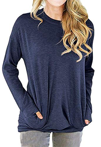 GSVIBK Women Casual Round Neck Sweatshirts Long Sleeve Pullover Shirts Tops Soft Sweatshirts Blouse Pocket Navy 2XL