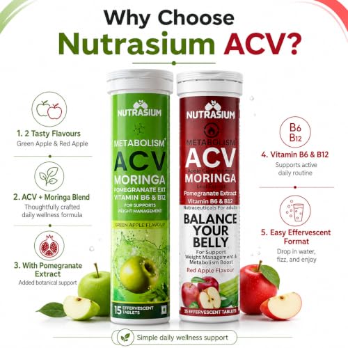 Image of Nutrasium ACV Moringa Metabolism Plus | Apple Cider Vinegar Effervescent Tablet | For Supports Weight Loss, Control Cravings, Convert Fat Into Energy, Boost Energy & Immunity | 30 Tablets Mix Fruit