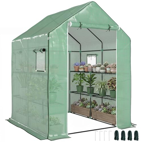 Outsunny Serre de Jardin PE avec étagères 3 Niveaux, Serre d'extérieur avec bâche renforcée 135 g/m² Anti-UV, châssis en Acier, Portes zippées...
