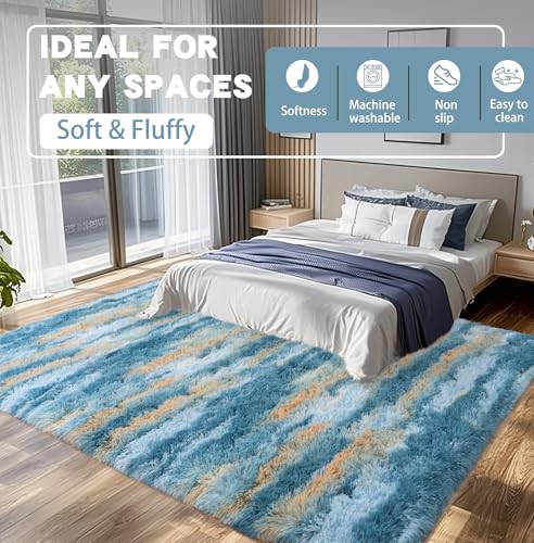 Fluffy Rugs for Living Room, 6x9 Feet Abstract Blue Large Shag Area Rugs for Bedroom, Non-Slip Indoor Modern Fuzzy Plush Floor Carpet for Dorm Nursery Kids Room Decor, Soft Shaggy Throw Rug
