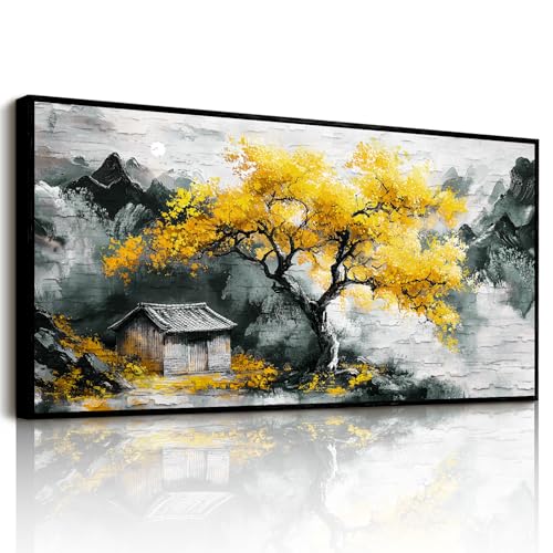 hyidecorart Tableau Decoration Murale, Moderne Arbre de Vie Jaune Cadre Decoration Maison, Artistique Décoration Vegetale, Impression sur Toile Naturelle pour...