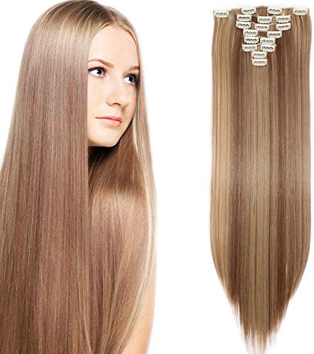 Clip in Hair Extensions 8-częściowy zestaw doczepianych włosów na całą głowę, długie kręcone/proste, odporne na ciepło, z włókna syntetycznego, dla kobiet, 43-66 cm