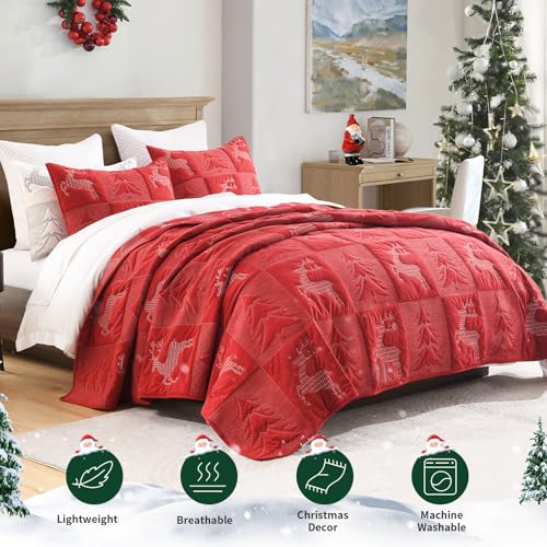 Image of Grassix Christmas Quilt Set King Size, Holiday Bedding Coverlet, Red | Tree & Reindeer Pattern, Soft Lightweight Christmas Velvet Bedspread with 2 Shams,Thin Comforter All-Season, 108 x 96 in