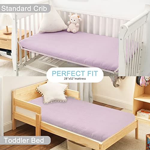 Image of Muslin Crib Sheets, 100% Cotton Soft Breathable Fitted Toddler Bed Sheet, 28 inchx 52 inchx 9 inch Standard Size Baby Mattress Cover for Girls & Boys, Purple