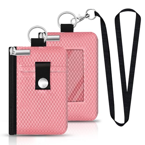 Image of Minimalist RFID Blocking Small Wallet with ID Window,WaterResistant Zip Id Case Wallet with Lanyard Keychain for Cards,Cash,Travel,Women,Men (Pink)
