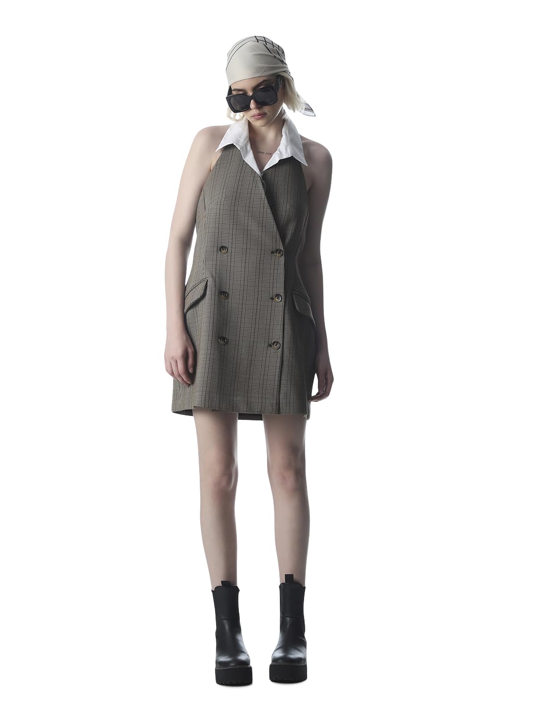 ONLY Women Mocha Mousse Checked Halter Neck Blazer Dresses in neutral