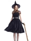 Women Witch Costume, Black Wicked Lace Sexy Dress With Hats and Tights