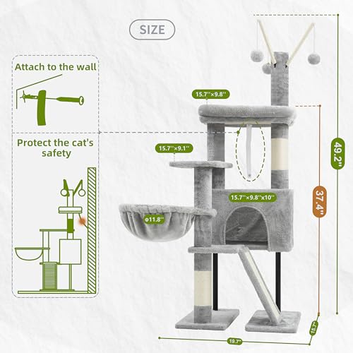 Image of Gitelsnour Cat Tree Tower for Indoor Cats, Top Platform with Toy, GCT006SW | 49.2 inch Cat Condo House, Sturdy Base, Scratching Post & Board, 3 Balls, Hanging Basket, Small Cats and Kittens, Light Gray