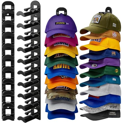 Image of 2 Pack Hat Organizer for Baseball Caps, Hat Rack for Wall Hold Up to 20 Hats, Hat Holder with Strong Adhesive and Screws, Hat Organizer Wall Mounted Hat Hanger Display for Door Closet Bedroom(B-Black)
