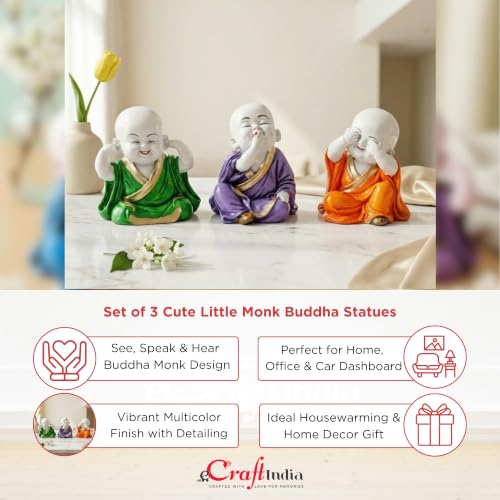 Image of eCraftIndia Resin Green, Purple & Orange Think No Evil Speak No Evil Hear No Evil Set of 3 Cute Little Monk Buddha Statues Decorative Showpieces for Car Dashboard Home Office Desk Decor Gift Purpose